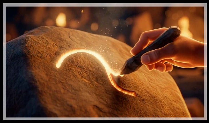Glowing curved line carved into rock and early people round a fire with floating symbol carvings, how symbols began