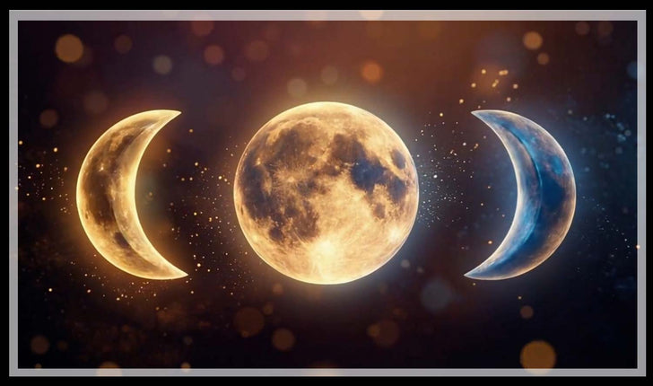 Waxing crescent, full moon and waning crescent glowing in a starry sky