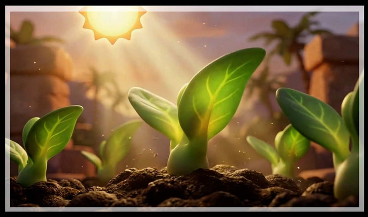 Green seedlings growing under a bright sun