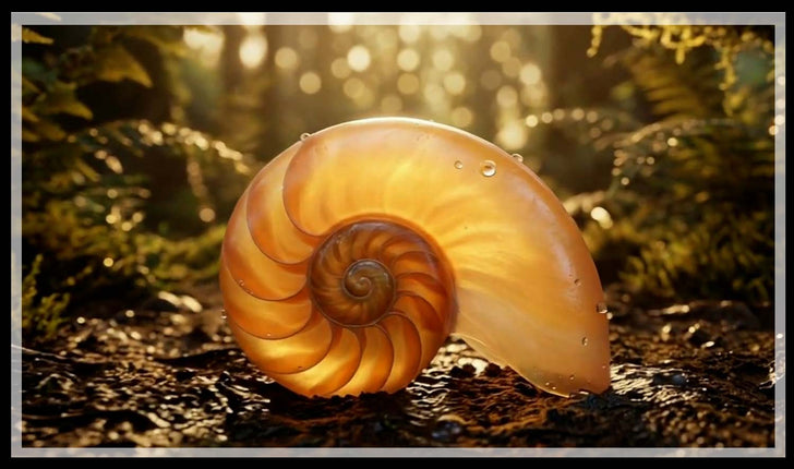 Nautilus shell resting on a damp forest floor