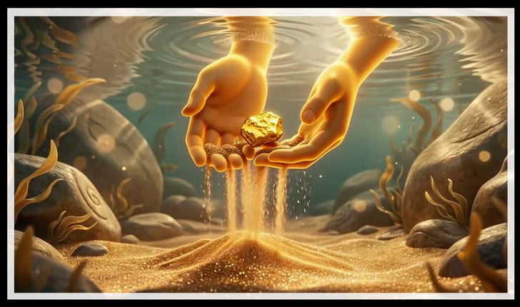 Hands scooping a gold nugget from a sandy riverbed