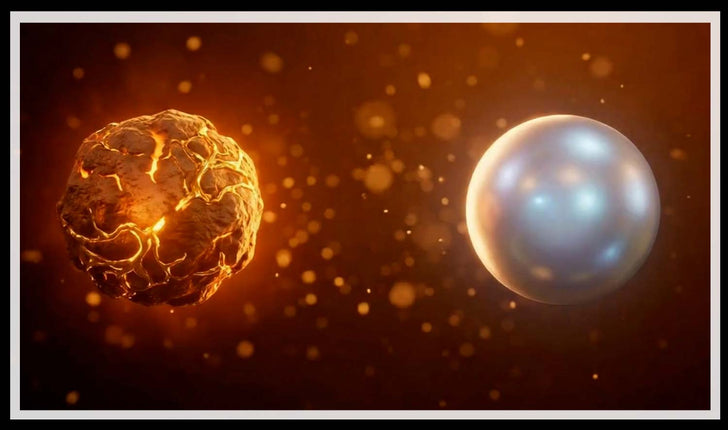 Glowing gold sphere beside a pale silver sphere like sun and moon