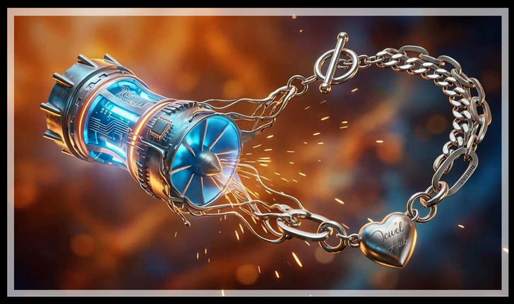 Futuristic turbine linked to a silver chain bracelet with a heart charm