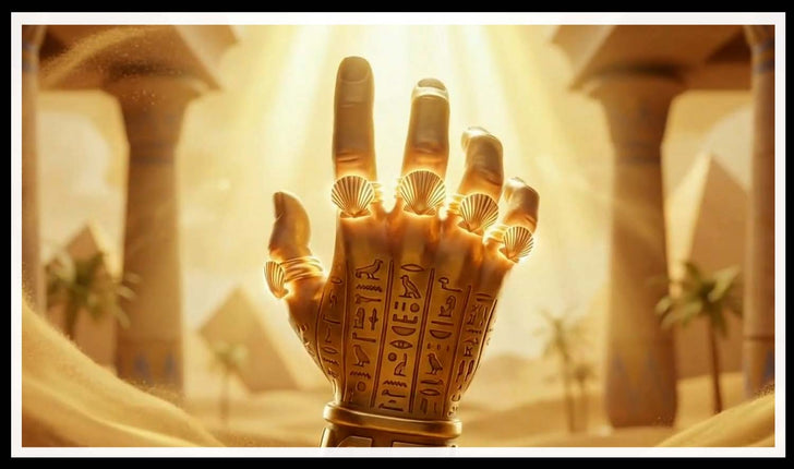 Golden hand with hieroglyphs and rings before pyramids, and gold ankh, scarab, lotus and Eye of Horus symbols on stone
