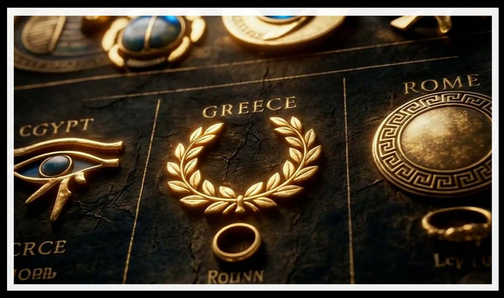 Gold Eye of Horus, Greek laurel wreath and Roman meander medallion
