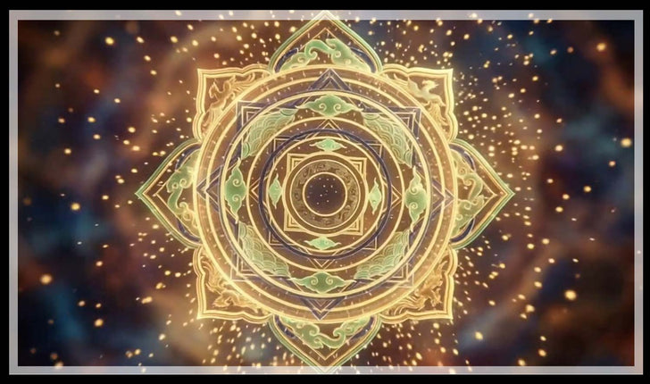 Golden mandala with jade-green cloud motifs among stars