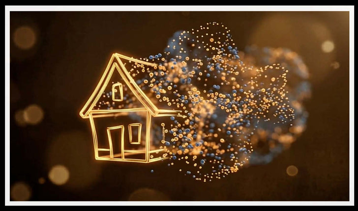 Glowing gold outline of a house dissolving into sparkles