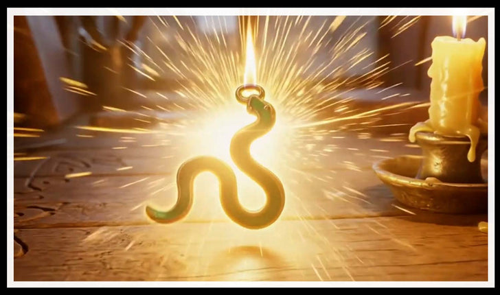 Glowing gold snake charm bursting with sparks by a candle