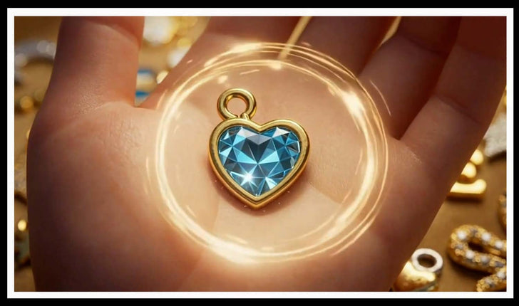 Open palm holding a gold-framed blue crystal heart charm