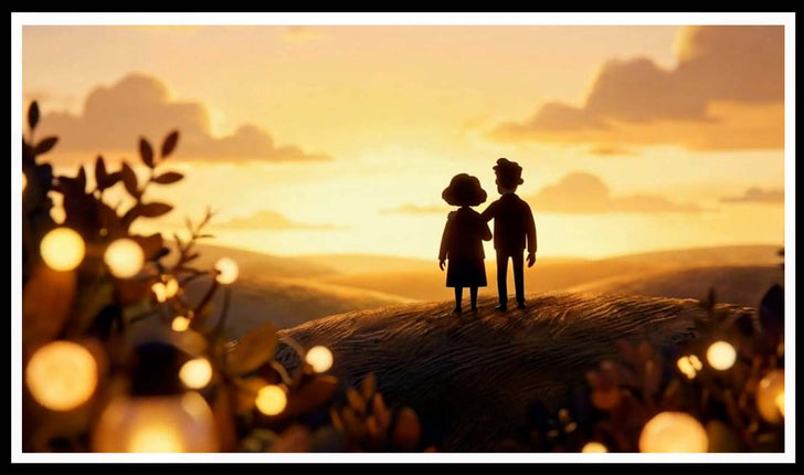 Animated couple silhouetted on a hilltop at sunset