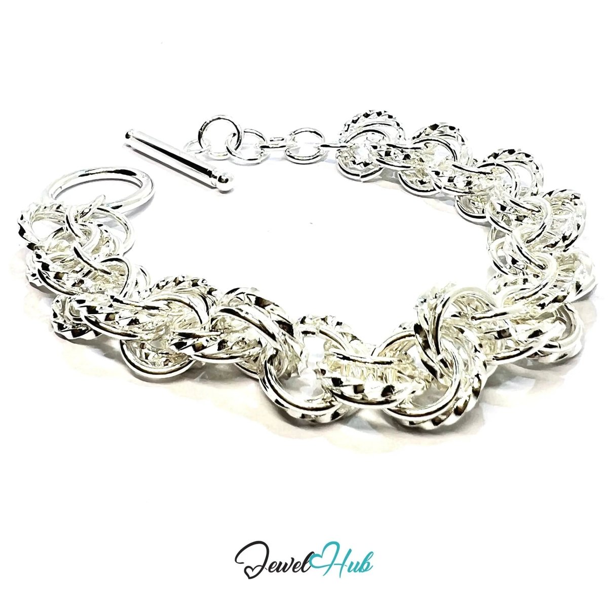 925 Sterling Silver Woven Link Bracelet – Textured Toggle Chain