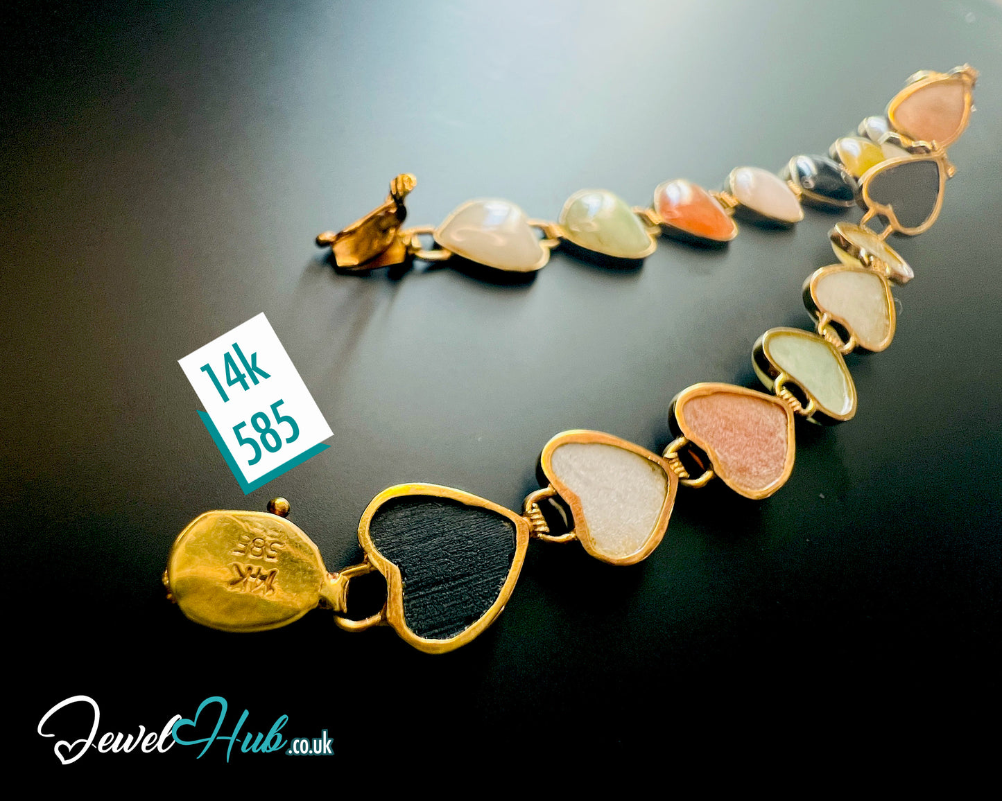 14K Gold Heart Jade Bracelet – 17 Colorful Stones · 18cm · 5.86g · Hallmarked Wellness Jewelry