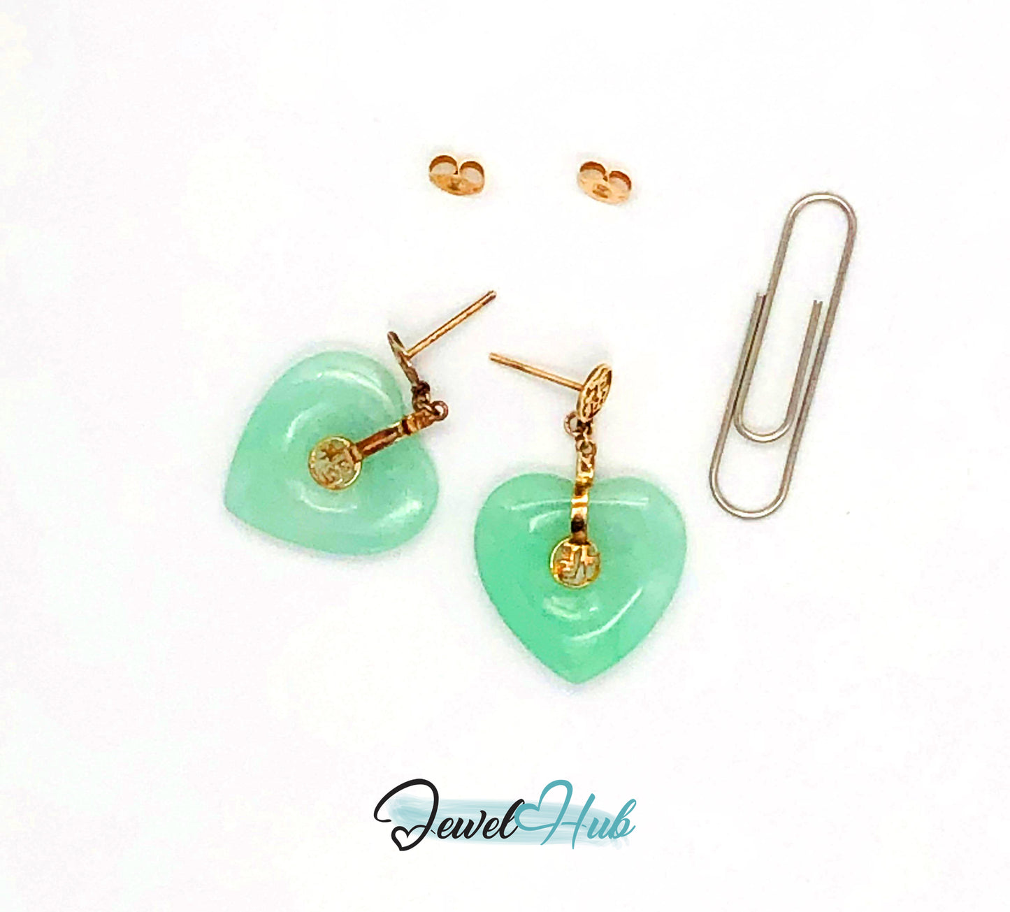 14k (585) Solid Yellow Gold crafted “Fok" mounting heart-shaped jade drop earrings