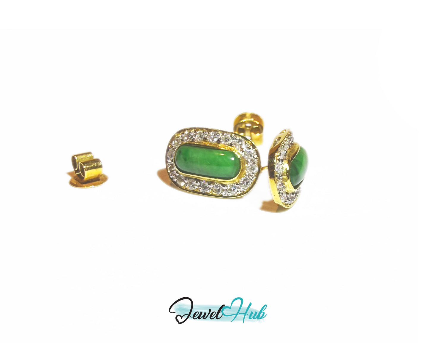 18k (750) Solid Yellow Gold high quality Curved Rectangle Emerald Green Jade Earrings surrounded with diamonds