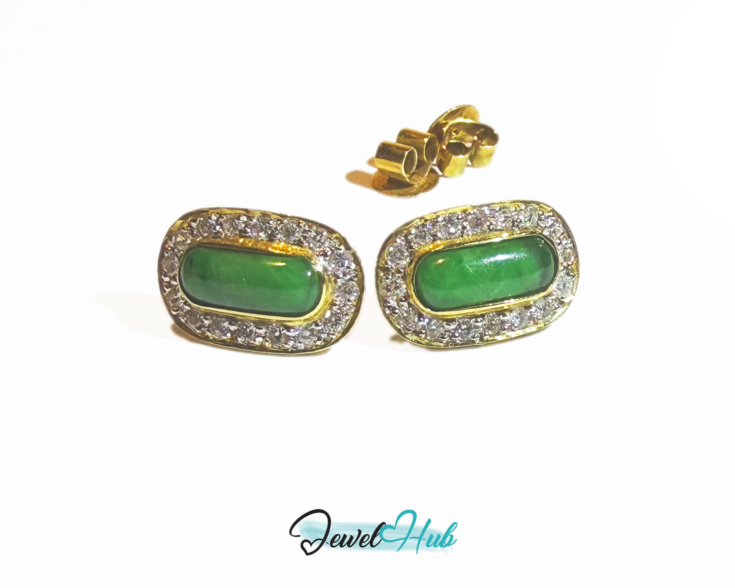 18k (750) Solid Yellow Gold high quality Curved Rectangle Emerald Green Jade Earrings surrounded with diamonds