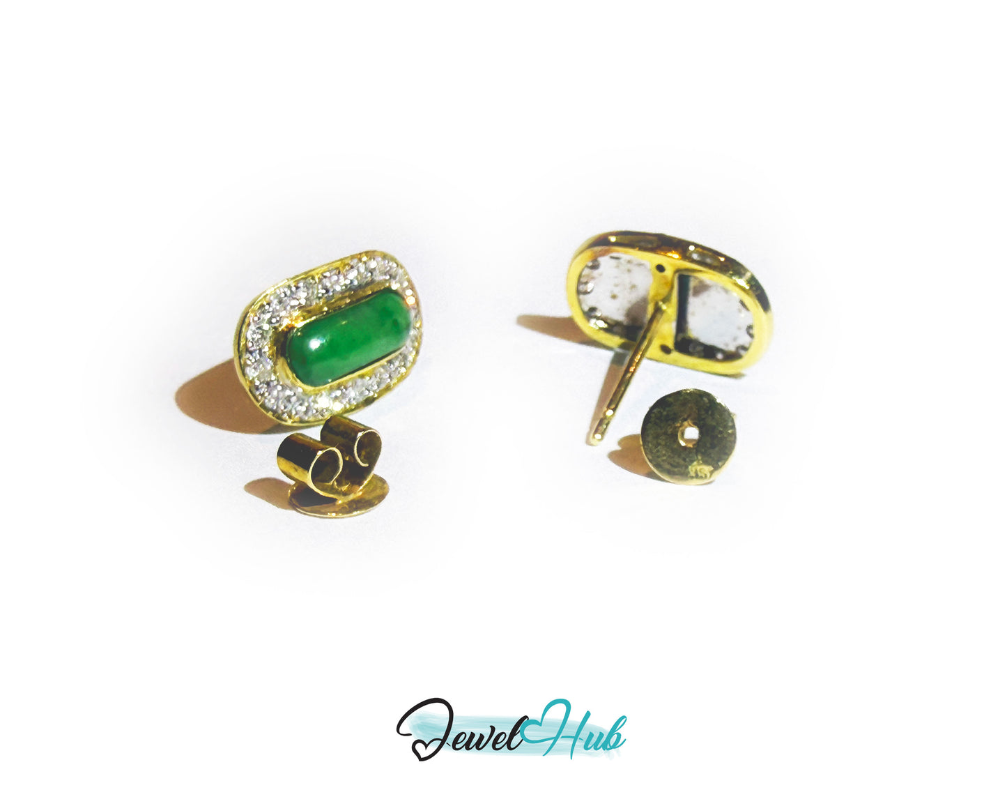 18k (750) Solid Yellow Gold high quality Curved Rectangle Emerald Green Jade Earrings surrounded with diamonds