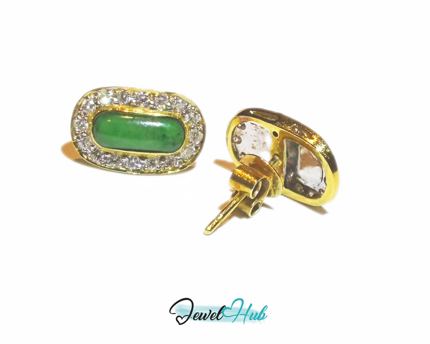 18k (750) Solid Yellow Gold high quality Curved Rectangle Emerald Green Jade Earrings surrounded with diamonds