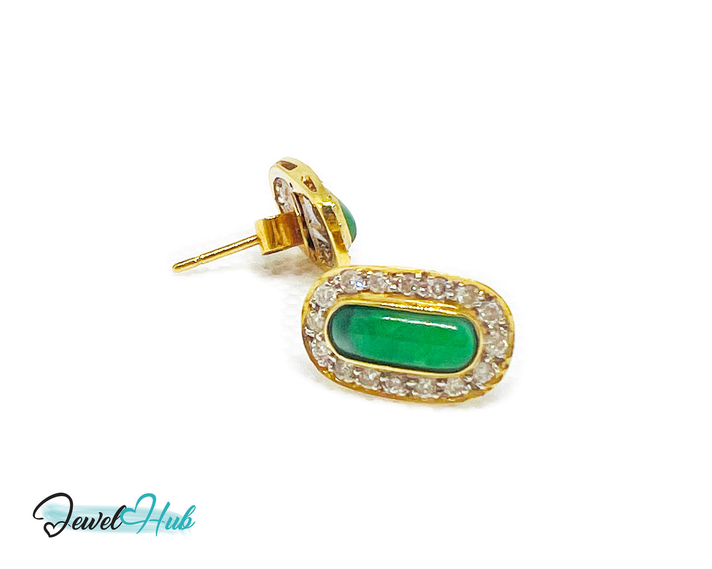 18k (750) Solid Yellow Gold high quality Curved Rectangle Emerald Green Jade Earrings surrounded with diamonds