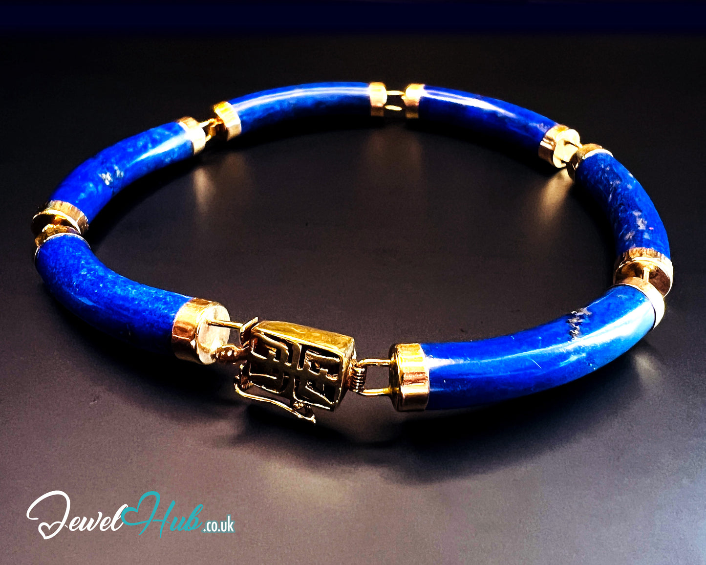 14K Gold Lapis Lazuli Bracelet (Hallmarked) 6 Cylindrical Stones | 9.82g | Hallmarked | Character Clasp | Traditional & Wellness-Inspired
