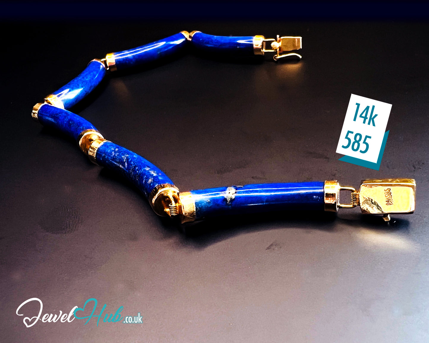 14K Gold Lapis Lazuli Bracelet (Hallmarked) 6 Cylindrical Stones | 9.82g | Hallmarked | Character Clasp | Traditional & Wellness-Inspired