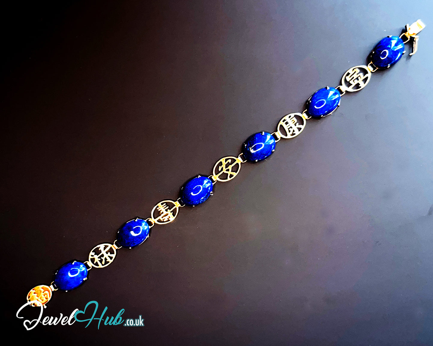 14K Gold Lapis Lazuli Bracelet – Hallmarked | 6 Oval Gemstones + 福祿壽安康寧 Charms | 8.95g Traditional Wellness Jewellery