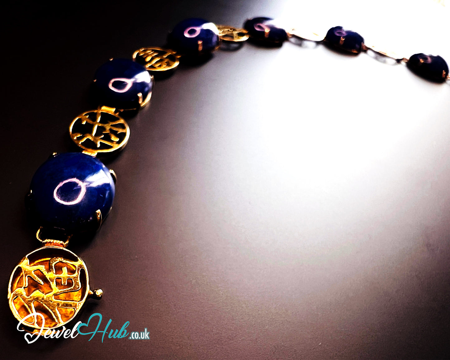 14K Gold Lapis Lazuli Bracelet – Hallmarked | 6 Oval Gemstones + 福祿壽安康寧 Charms | 8.95g Traditional Wellness Jewellery