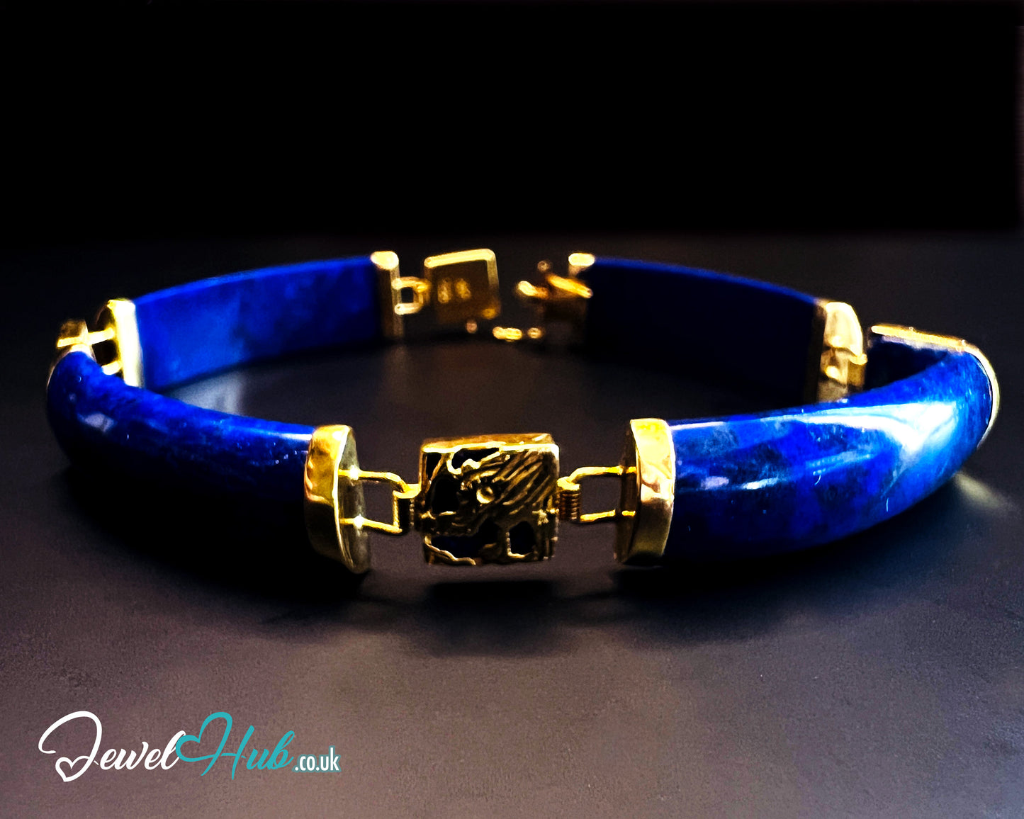 14K Gold Lapis Lazuli Bracelet – 4 Sculptural Gemstones + 3 Dragon Motifs | 11.96g | 18cm | Symbolic Artisan Jewellery