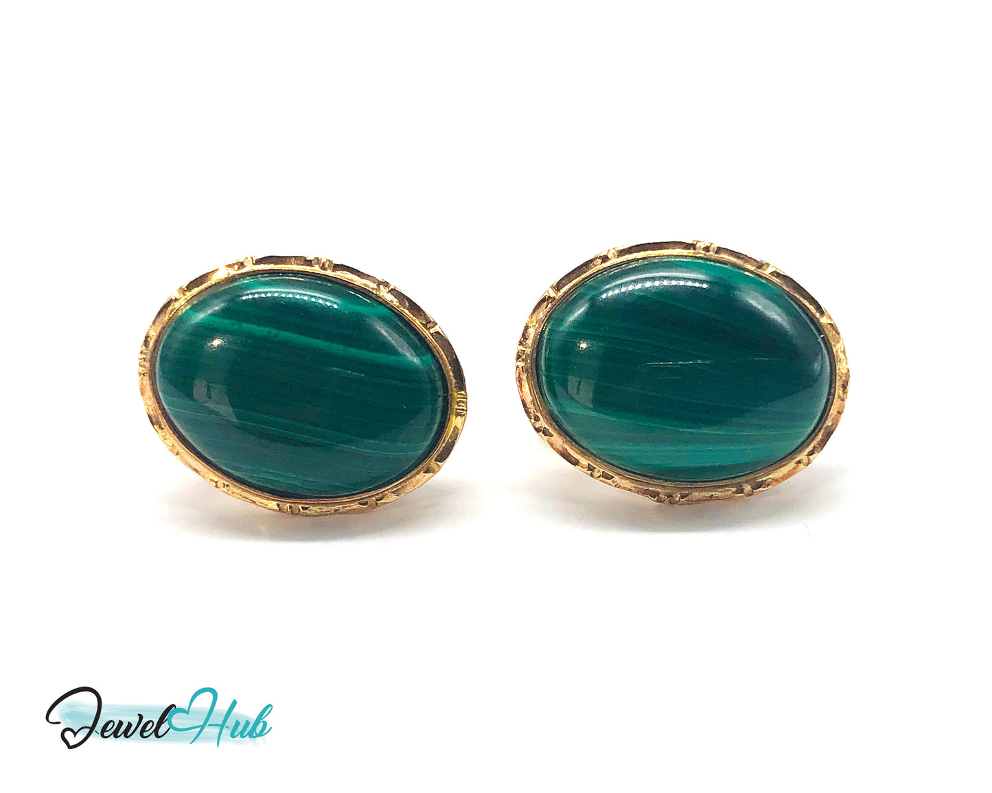 14k (585) Solid Yellow Gold Green Malachite Oval Stud Earrings