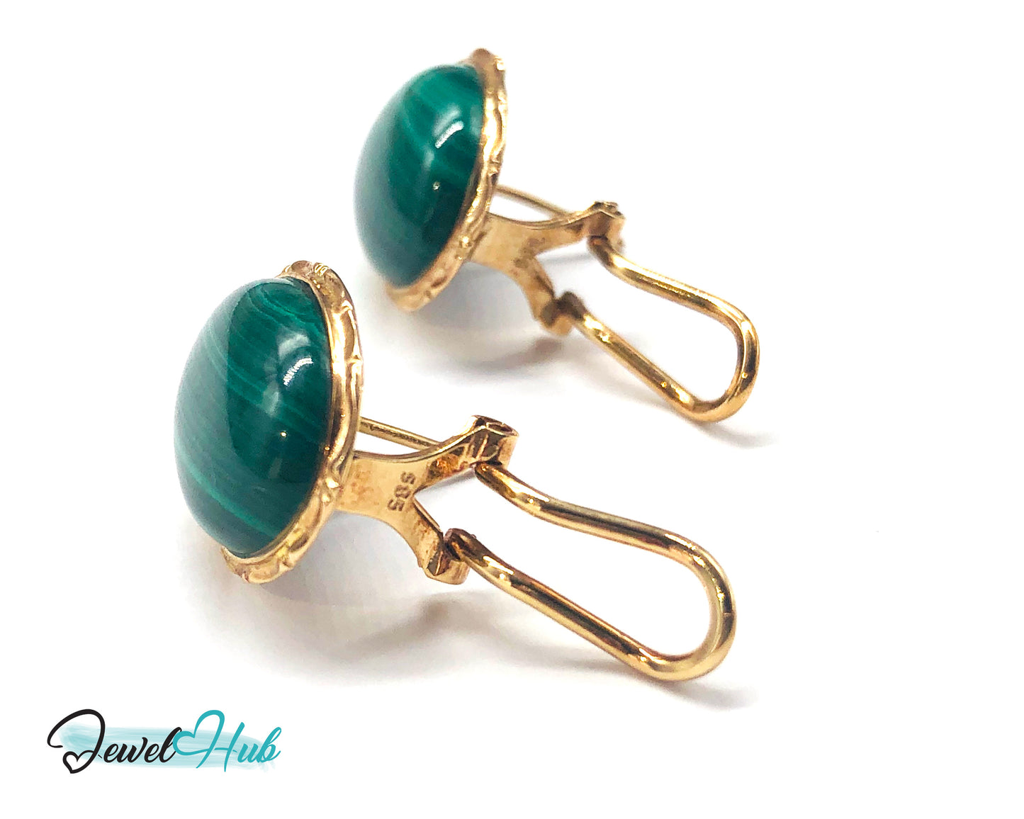 14k (585) Solid Yellow Gold Green Malachite Oval Stud Earrings