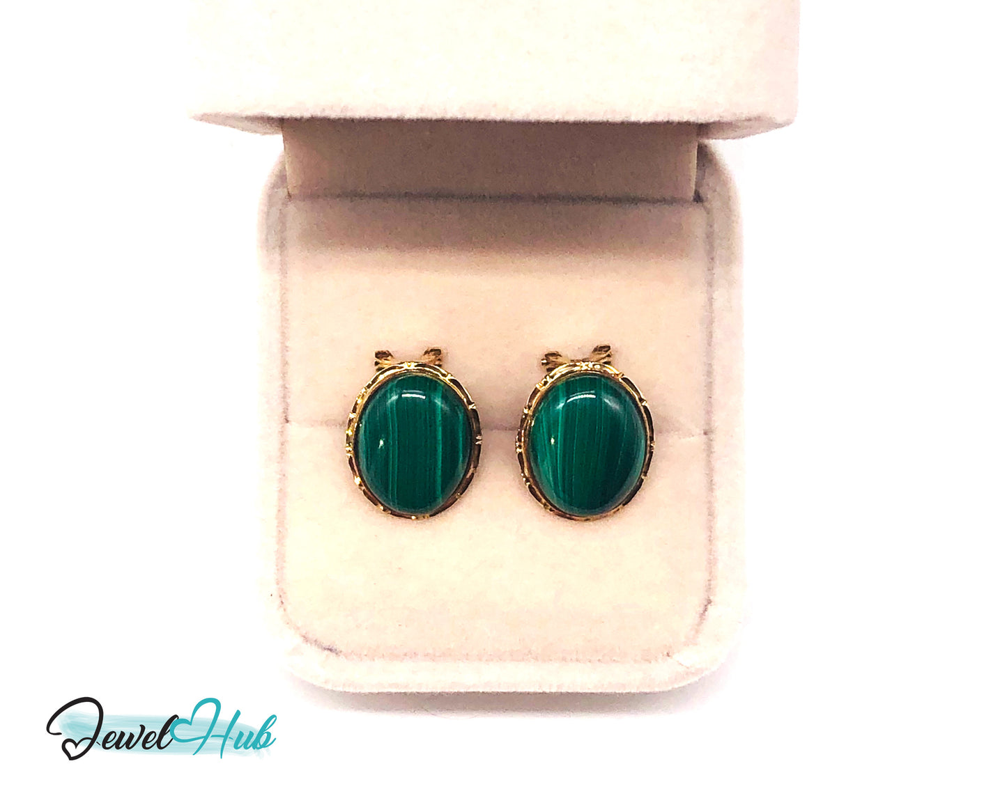14k (585) Solid Yellow Gold Green Malachite Oval Stud Earrings
