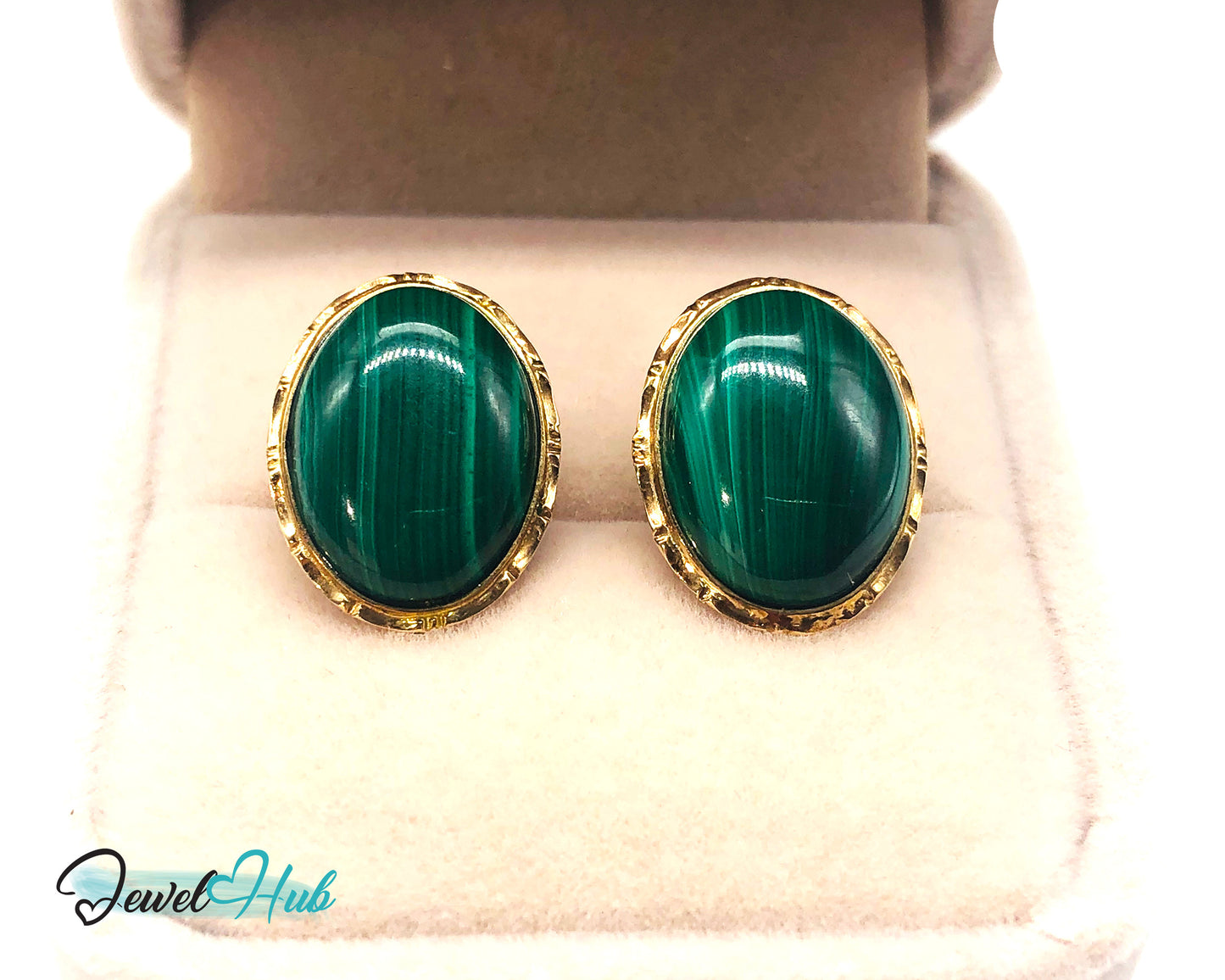 14k (585) Solid Yellow Gold Green Malachite Oval Stud Earrings