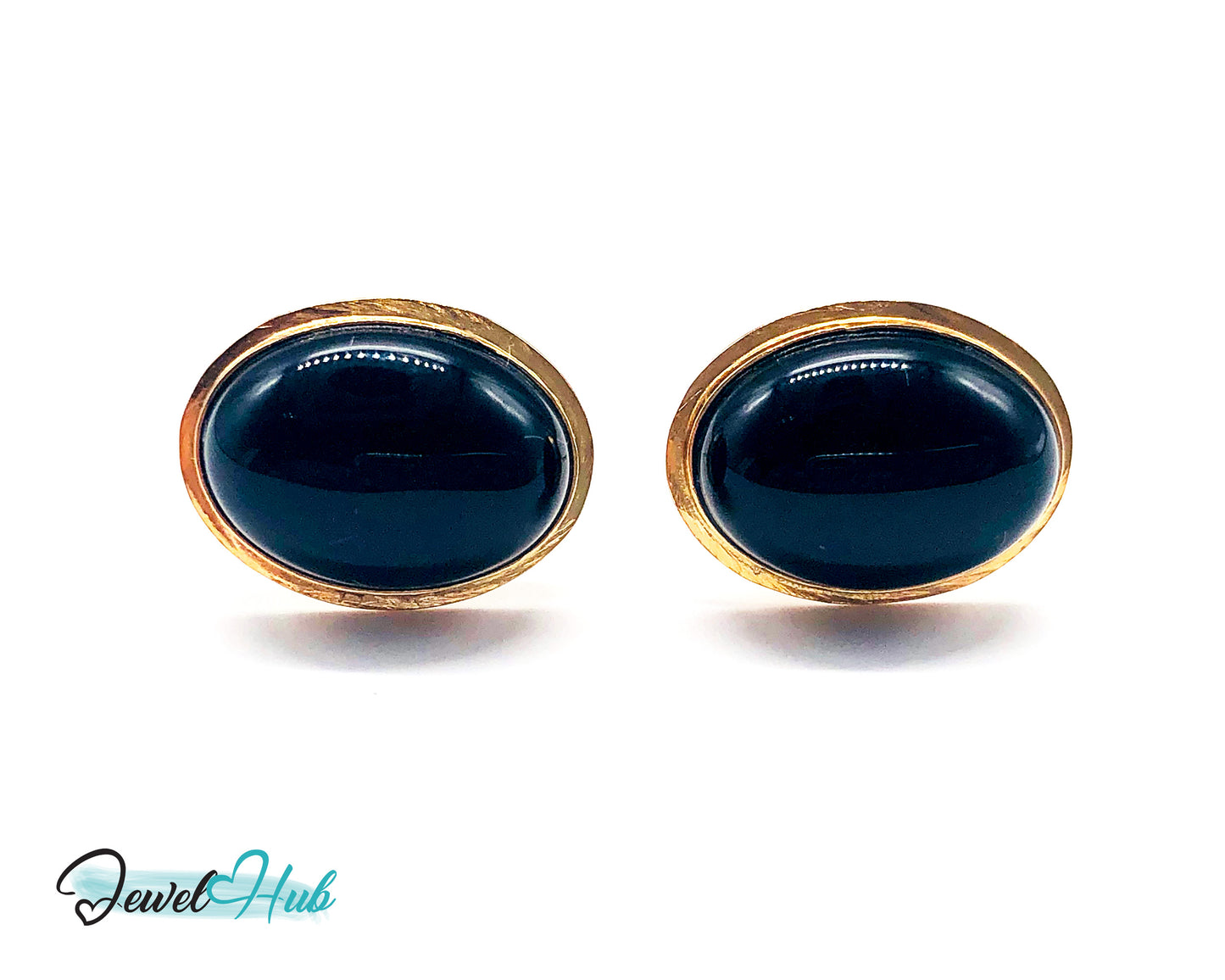 14k (585) Solid Yellow Gold Vintage Black Onyx Oval Stud Earrings