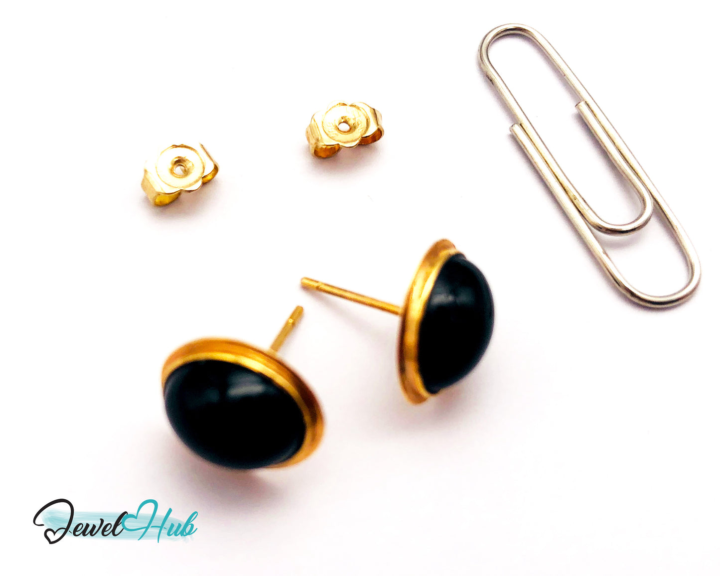14k (585) Solid Yellow Gold Vintage Black Onyx Round Stud Earrings