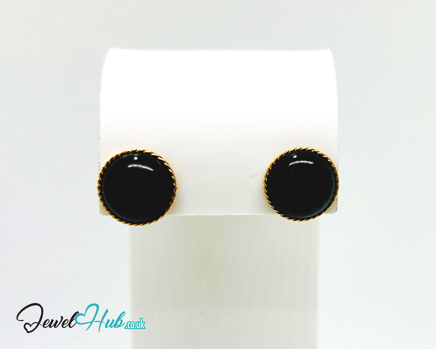 14K Solid Gold Round Onyx Stud Earrings with Floral Halo – 13mm Gemstone