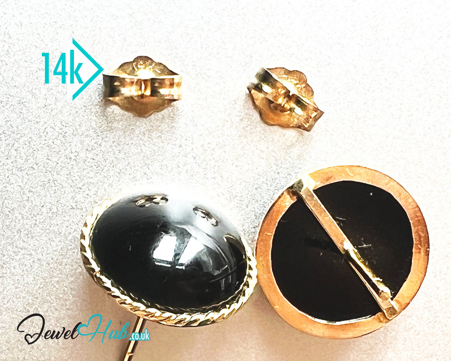 14K Solid Gold Round Onyx Stud Earrings with Floral Halo – 13mm Gemstone