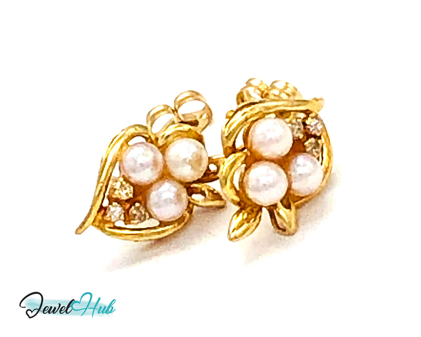 14k (585) Solid Yellow Gold Floral Pearl and Diamond Earrings