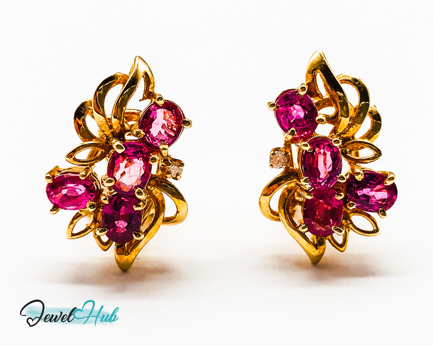 14k (585) Yellow Solid Gold Elegant Leaves with Flowery Shape x4 Ruby earrings