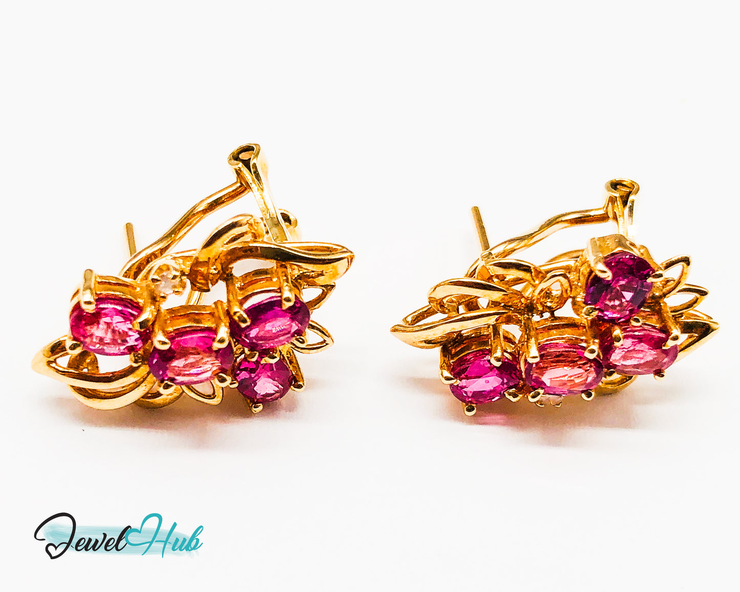 14k (585) Yellow Solid Gold Elegant Leaves with Flowery Shape x4 Ruby earrings