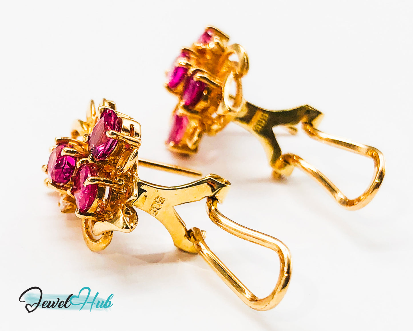 14k (585) Yellow Solid Gold Elegant Leaves with Flowery Shape x4 Ruby earrings
