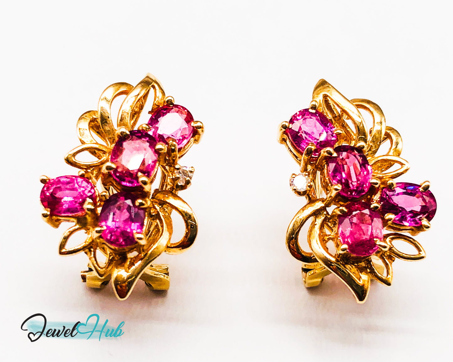 14k (585) Yellow Solid Gold Elegant Leaves with Flowery Shape x4 Ruby earrings