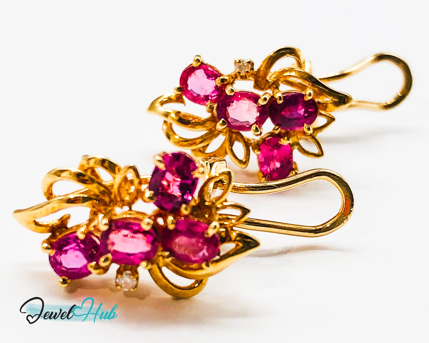 14k (585) Yellow Solid Gold Elegant Leaves with Flowery Shape x4 Ruby earrings