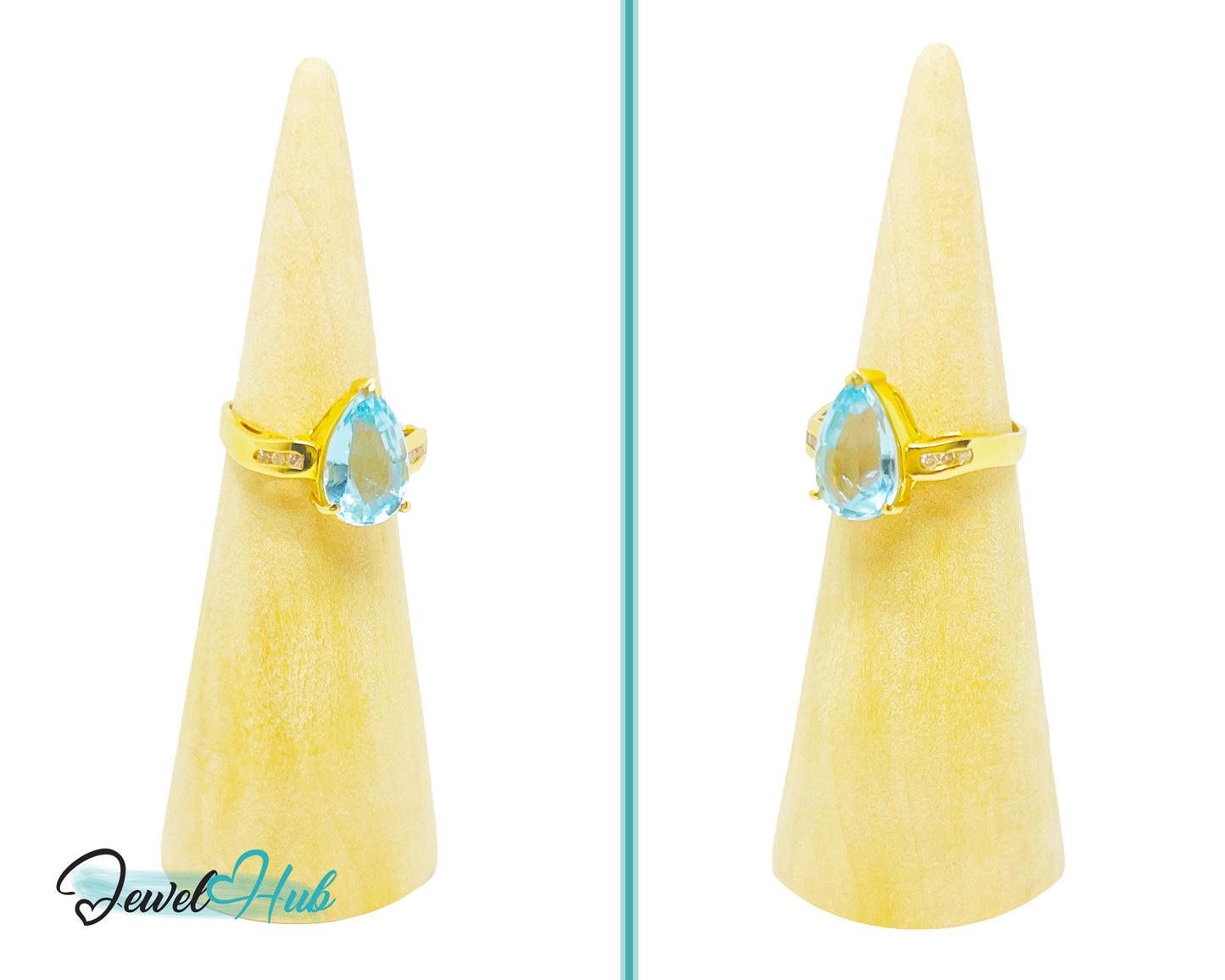 14k Gold Pear-Cut Topaz & Diamond Ring – Hallmarked (585) Centre Stone 4-carat | UK K US 5.5 | Statement Blue Collection