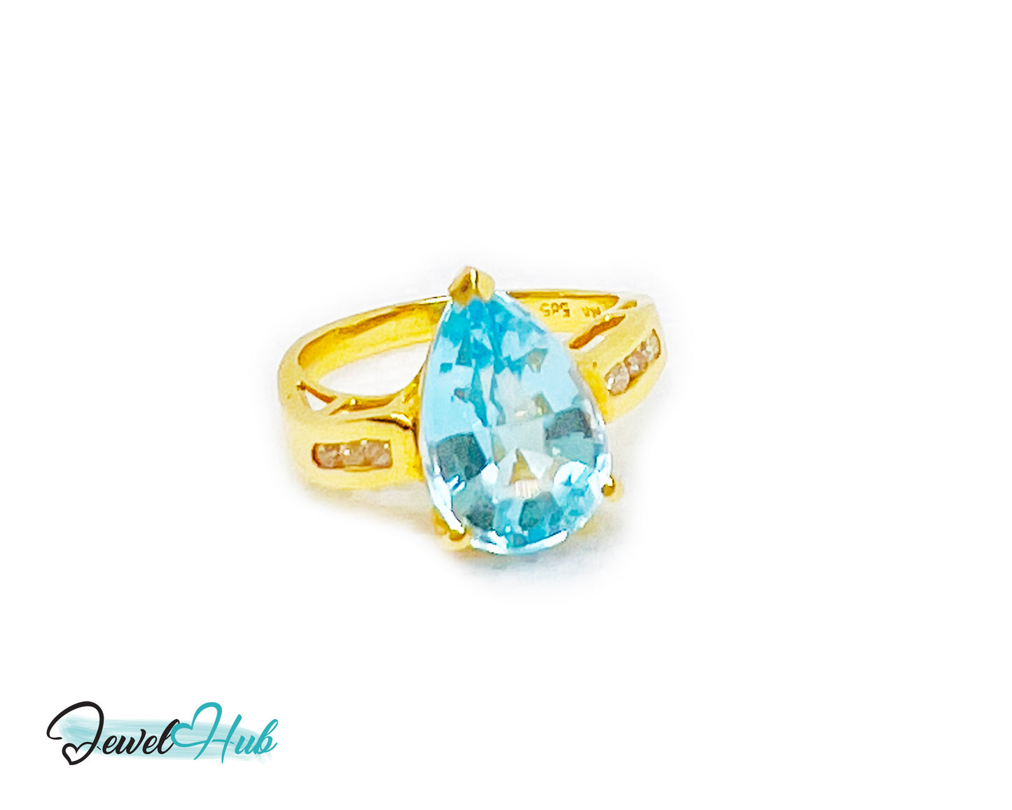 14k Gold Pear-Cut Topaz & Diamond Ring – Hallmarked (585) Centre Stone 4-carat | UK K US 5.5 | Statement Blue Collection