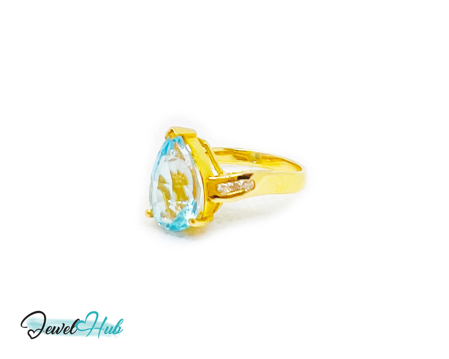 14k Gold Pear-Cut Topaz & Diamond Ring – Hallmarked (585) Centre Stone 4-carat | UK K US 5.5 | Statement Blue Collection