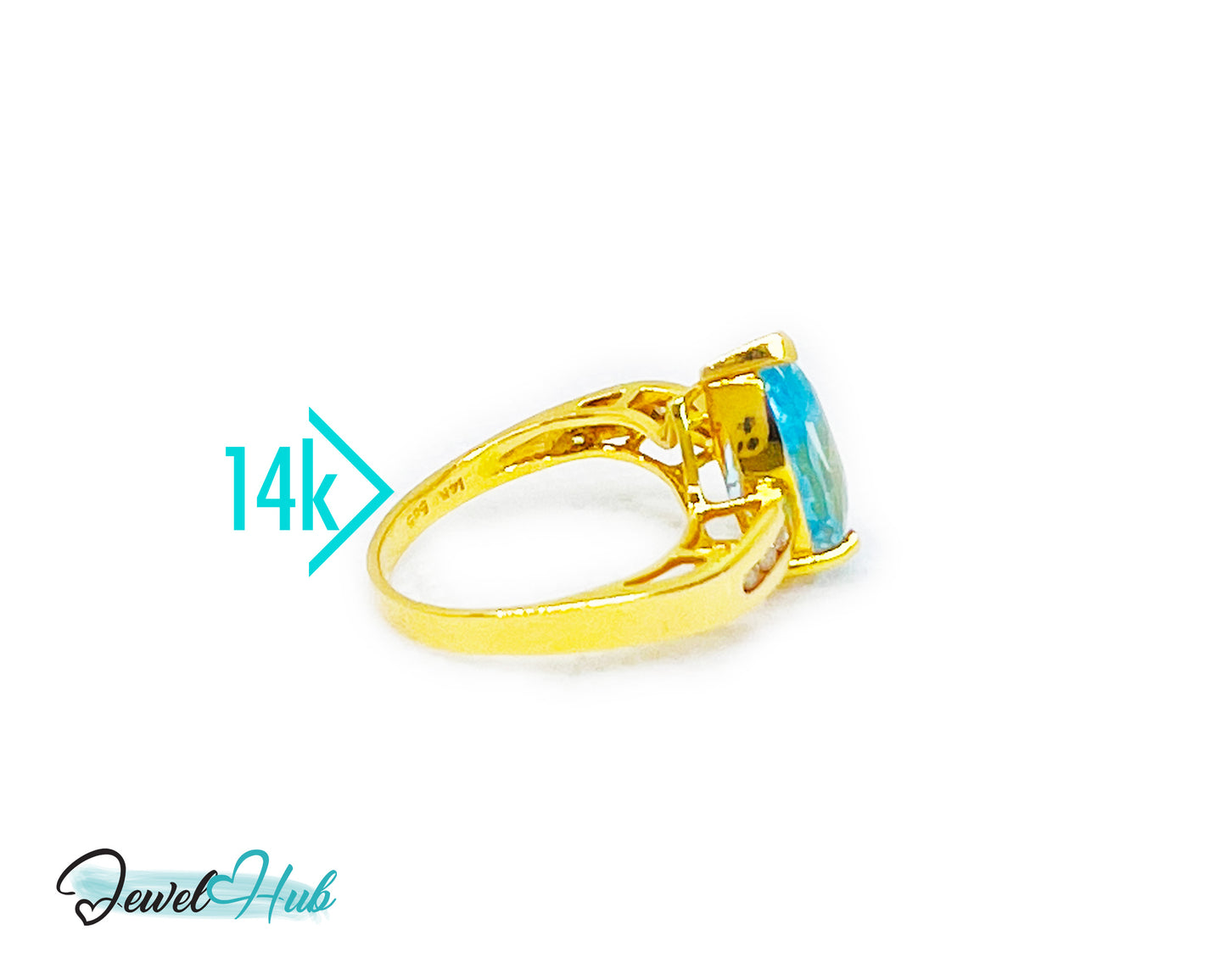 14k Gold Pear-Cut Topaz & Diamond Ring – Hallmarked (585) Centre Stone 4-carat | UK K US 5.5 | Statement Blue Collection