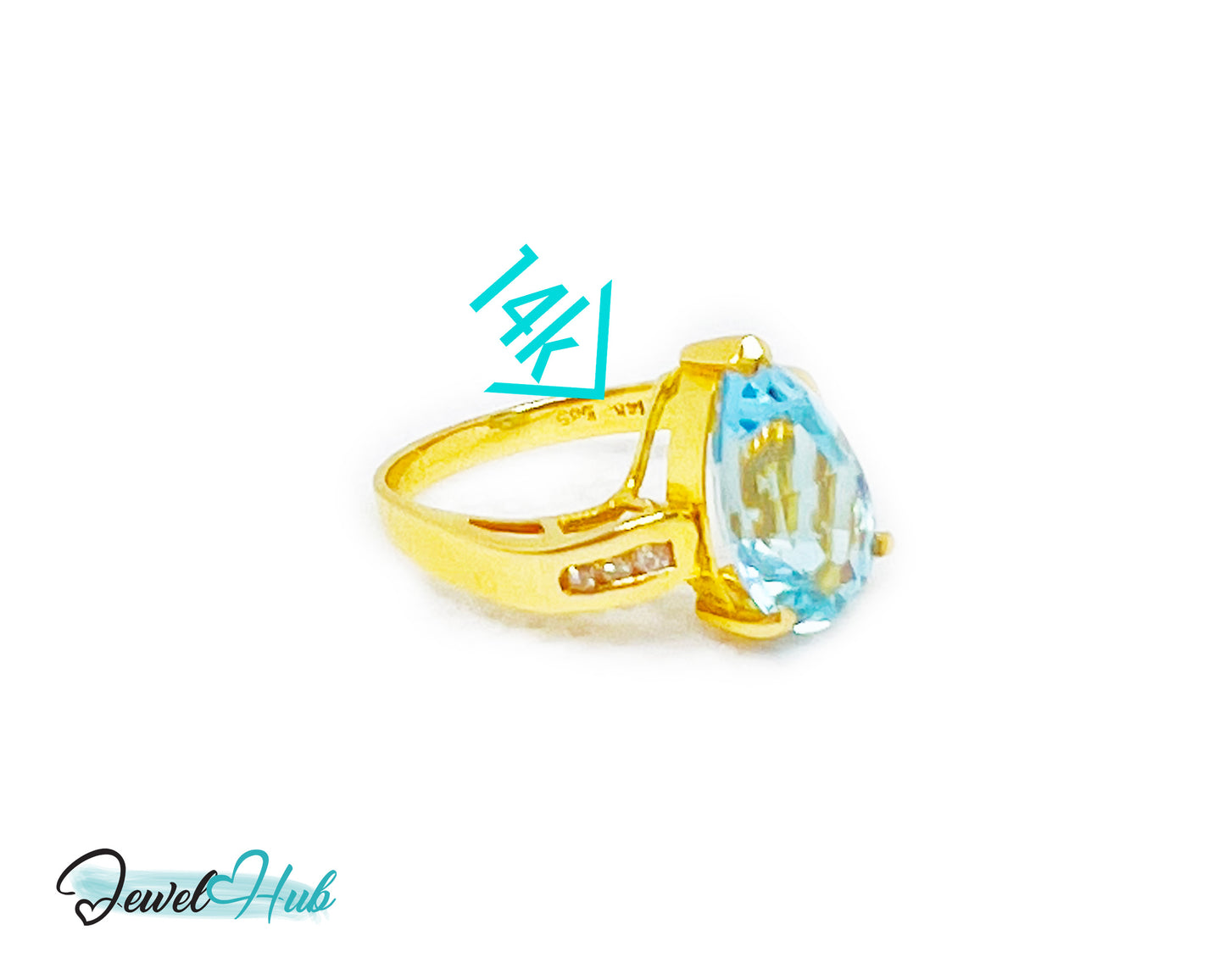 14k Gold Pear-Cut Topaz & Diamond Ring – Hallmarked (585) Centre Stone 4-carat | UK K US 5.5 | Statement Blue Collection