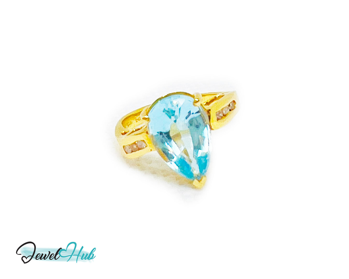 14k Gold Pear-Cut Topaz & Diamond Ring – Hallmarked (585) Centre Stone 4-carat | UK K US 5.5 | Statement Blue Collection