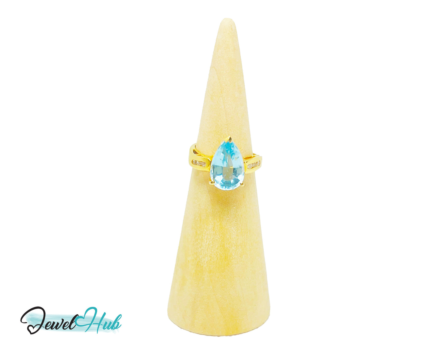 14k Gold Pear-Cut Topaz & Diamond Ring – Hallmarked (585) Centre Stone 4-carat | UK K US 5.5 | Statement Blue Collection
