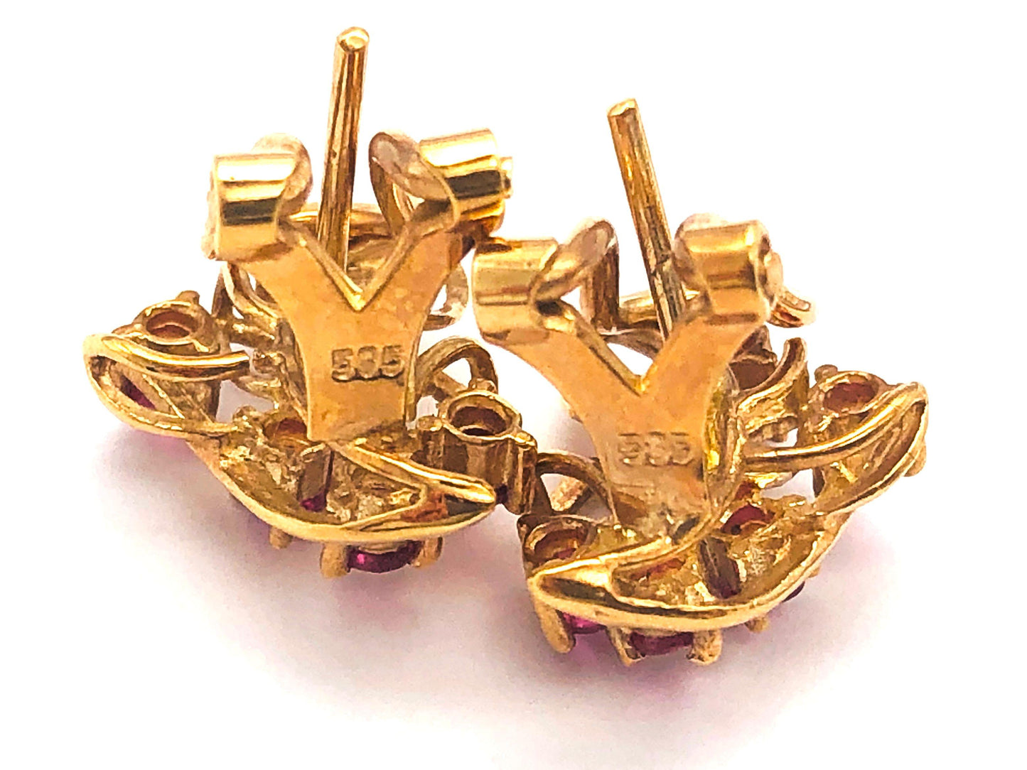 14k (585) Yellow Solid Gold Elegant Leaves with Flowery Shape x5 Ruby earrings