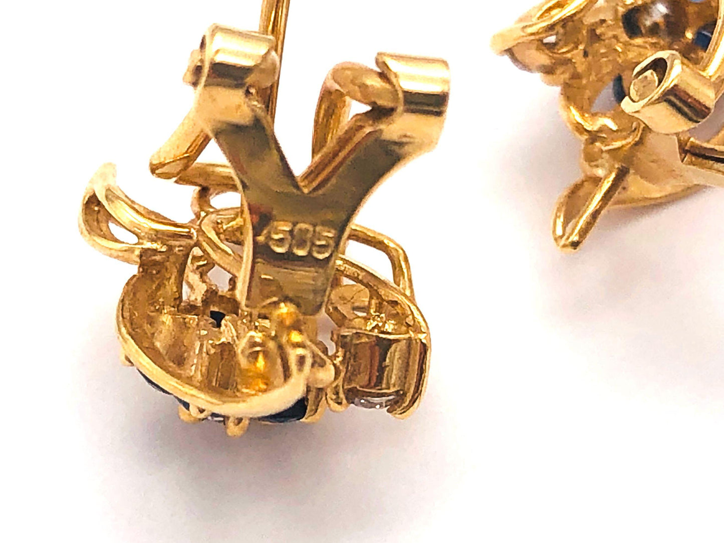 14k (585) Yellow Solid Gold Flowery Shape x5 Sapphire & Diamond earrings